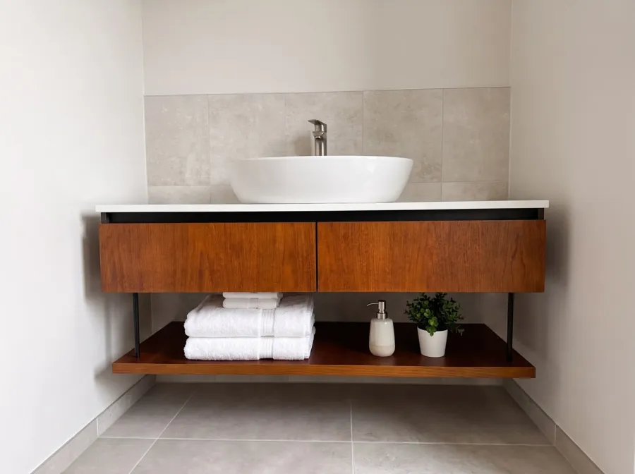 Walnut-look wall-hung vanity unit with a white countertop basin and an open shelf
